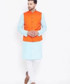 Vastramay Men's Orange, Aqua And White Cotton Blend Jacket, Kurta And Pyjama Set Kurta Sets