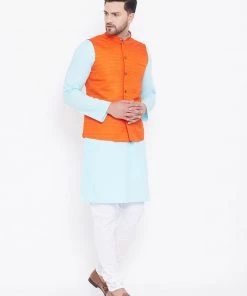 Vastramay Men's Orange, Aqua And White Cotton Blend Jacket, Kurta And Pyjama Set Kurta Sets