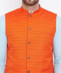 Vastramay Orange, Turquoise And White Baap Beta Nehru Jacket Kurta Pyjama Set