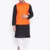 Vastramay Men's Orange, Black And White Cotton Blend Jacket, Kurta And Pyjama Set