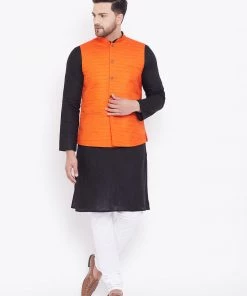 Vastramay Men's Orange, Black And White Cotton Blend Jacket, Kurta And Pyjama Set
