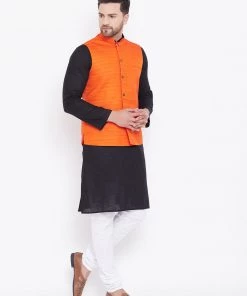 Vastramay Men's Orange, Black And White Cotton Blend Jacket, Kurta And Pyjama Set
