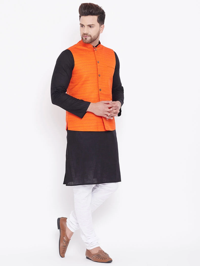 Vastramay Men's Orange, Black And White Cotton Blend Jacket, Kurta And Pyjama Set 4 Vastramay Men's Orange, Black And White Cotton Blend Jacket, Kurta And Pyjama Set