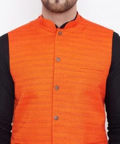 Vastramay Men's Orange, Black And White Cotton Blend Jacket, Kurta And Pyjama Set 14 Vastramay Men's Orange, Black And White Cotton Blend Jacket, Kurta And Pyjama Set