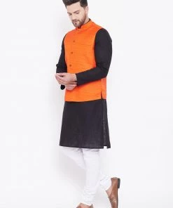 Vastramay Men's Orange, Black And White Cotton Blend Jacket, Kurta And Pyjama Set 13 Vastramay Men's Orange, Black And White Cotton Blend Jacket, Kurta And Pyjama Set