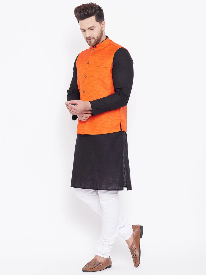 Vastramay Men's Orange, Black And White Cotton Blend Jacket, Kurta And Pyjama Set 6 Vastramay Men's Orange, Black And White Cotton Blend Jacket, Kurta And Pyjama Set