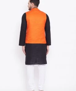 Vastramay Men's Orange, Black And White Cotton Blend Jacket, Kurta And Pyjama Set 12 Vastramay Men's Orange, Black And White Cotton Blend Jacket, Kurta And Pyjama Set