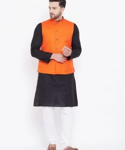 Vastramay Men's Orange, Black And White Cotton Blend Jacket, Kurta And Pyjama Set 16 Vastramay Men's Orange, Black And White Cotton Blend Jacket, Kurta And Pyjama Set