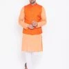 Vastramay Men's Orange, Fawn And White Cotton Blend Jacket, Kurta And Pyjama Set 1 Vastramay Men's Orange, Fawn And White Cotton Blend Jacket, Kurta And Pyjama Set