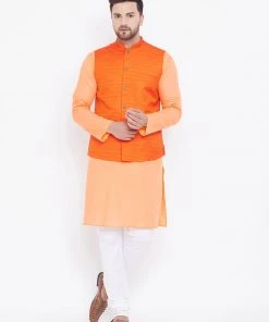 Vastramay Men's Orange, Fawn And White Cotton Blend Jacket, Kurta And Pyjama Set