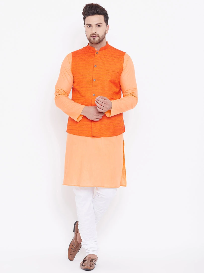 Vastramay Men's Orange, Fawn And White Cotton Blend Jacket, Kurta And Pyjama Set 3 Vastramay Men's Orange, Fawn And White Cotton Blend Jacket, Kurta And Pyjama Set