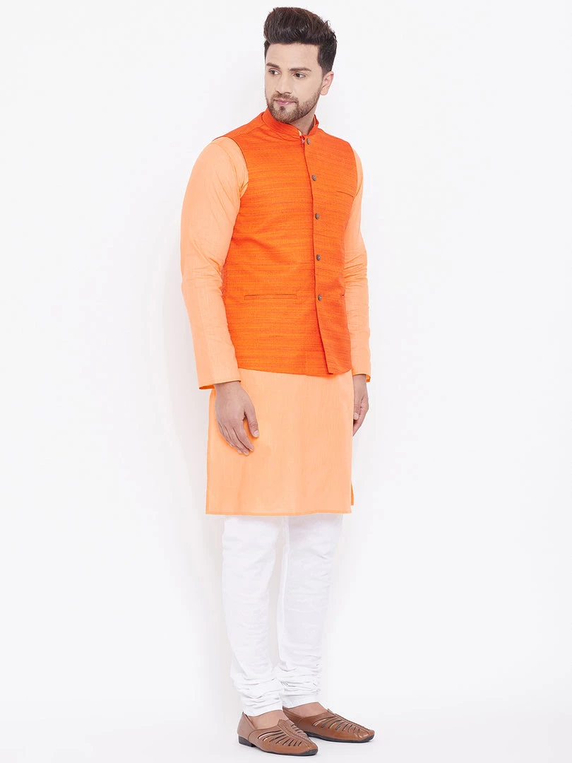 Vastramay Men's Orange, Fawn And White Cotton Blend Jacket, Kurta And Pyjama Set 4 Vastramay Men's Orange, Fawn And White Cotton Blend Jacket, Kurta And Pyjama Set
