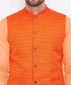 Vastramay Men's Orange, Fawn And White Cotton Blend Jacket, Kurta And Pyjama Set 14 Vastramay Men's Orange, Fawn And White Cotton Blend Jacket, Kurta And Pyjama Set
