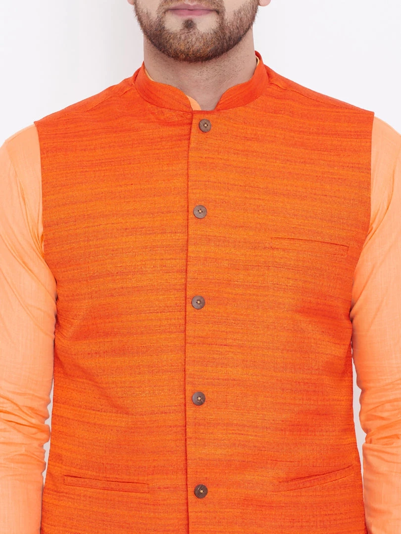 Vastramay Men's Orange, Fawn And White Cotton Blend Jacket, Kurta And Pyjama Set 7 Vastramay Men's Orange, Fawn And White Cotton Blend Jacket, Kurta And Pyjama Set