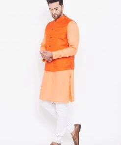 Vastramay Men's Orange, Fawn And White Cotton Blend Jacket, Kurta And Pyjama Set 13 Vastramay Men's Orange, Fawn And White Cotton Blend Jacket, Kurta And Pyjama Set