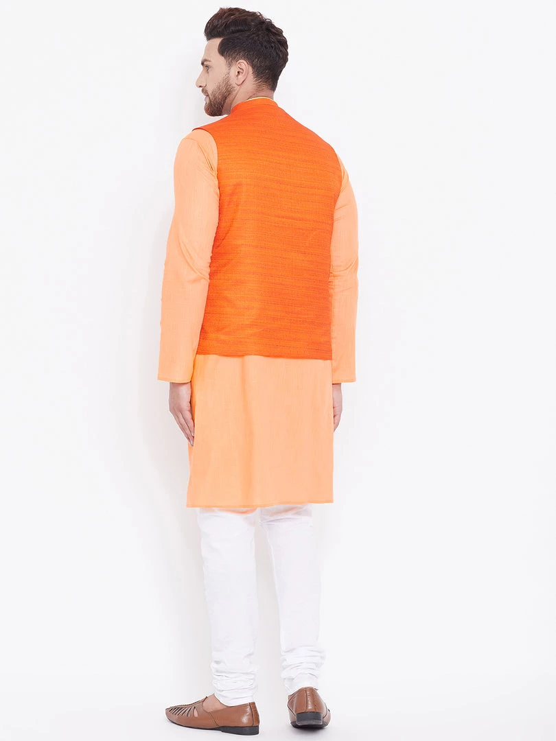 Vastramay Men's Orange, Fawn And White Cotton Blend Jacket, Kurta And Pyjama Set 5 Vastramay Men's Orange, Fawn And White Cotton Blend Jacket, Kurta And Pyjama Set