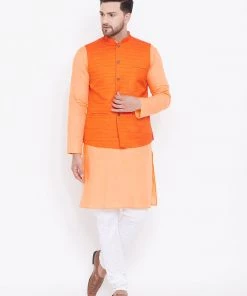 Vastramay Men's Orange, Fawn And White Cotton Blend Jacket, Kurta And Pyjama Set 16 Vastramay Men's Orange, Fawn And White Cotton Blend Jacket, Kurta And Pyjama Set