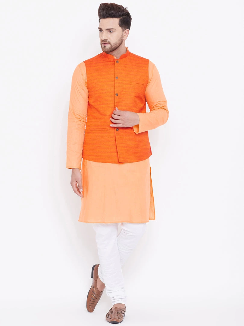Vastramay Men's Orange, Fawn And White Cotton Blend Jacket, Kurta And Pyjama Set 9 Vastramay Men's Orange, Fawn And White Cotton Blend Jacket, Kurta And Pyjama Set