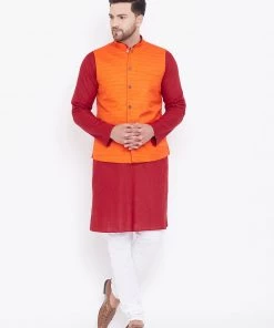 Vastramay Men's Orange, Maroon And White Cotton Blend Jacket, Kurta And Pyjama Set