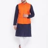 Kurta Sets Vastramay Men's Orange, Navy Blue And White Cotton Blend Jacket, Kurta And Pyjama Set