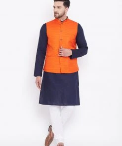 Kurta Sets Vastramay Men's Orange, Navy Blue And White Cotton Blend Jacket, Kurta And Pyjama Set