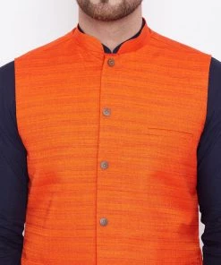 Kurta Sets Vastramay Men's Orange, Navy Blue And White Cotton Blend Jacket, Kurta And Pyjama Set