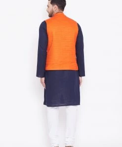Kurta Sets Vastramay Men's Orange, Navy Blue And White Cotton Blend Jacket, Kurta And Pyjama Set