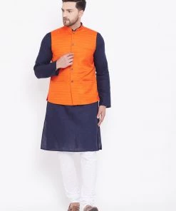 Kurta Sets Vastramay Men's Orange, Navy Blue And White Cotton Blend Jacket, Kurta And Pyjama Set