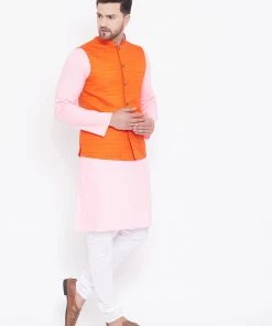 Vastramay Orange, Pink And White Baap Beta Nehru Jacket Kurta Pyjama Set