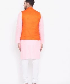 Kurta Sets Vastramay Men's Orange, Pink And White Cotton Blend Jacket, Kurta And Pyjama Set
