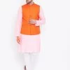Kurta Sets Vastramay Men's Orange, Pink And White Cotton Blend Jacket, Kurta And Pyjama Set