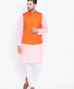 Kurta Sets Vastramay Men's Orange, Pink And White Cotton Blend Jacket, Kurta And Pyjama Set