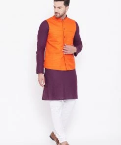Vastramay Orange, Purple And White Baap Beta Nehru Jacket Kurta Pyjama Set