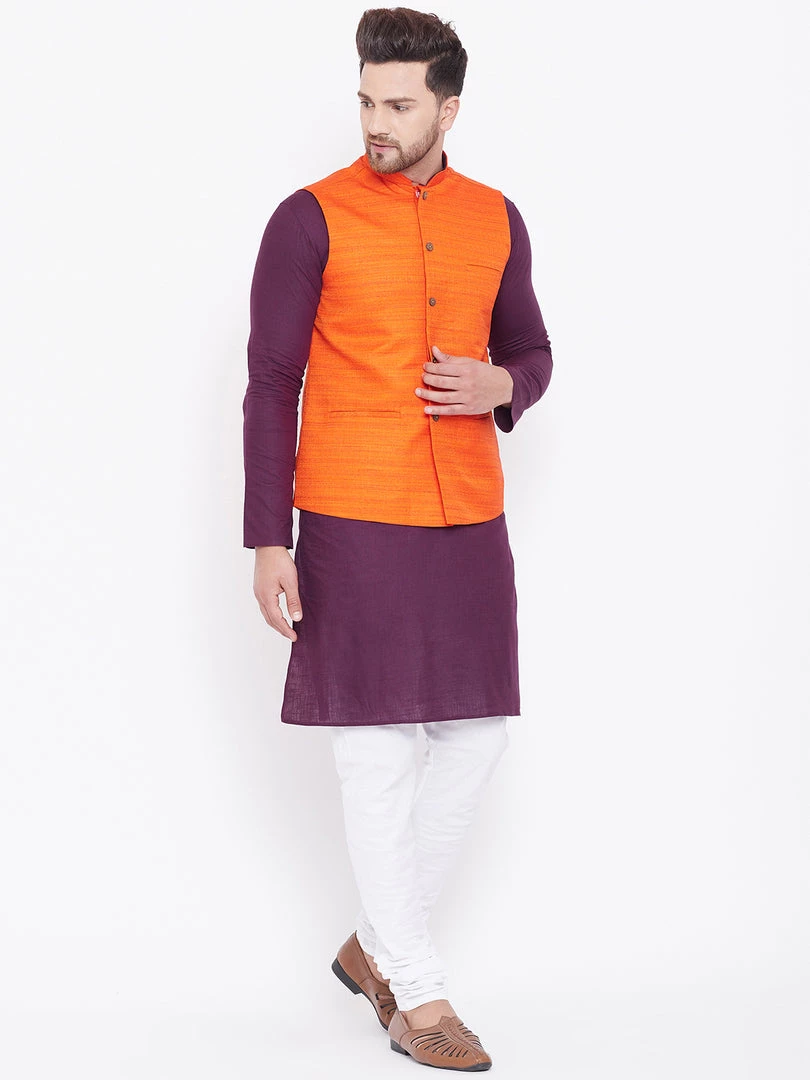 Vastramay Orange, Purple And White Baap Beta Nehru Jacket Kurta Pyjama Set 4 Vastramay Orange, Purple And White Baap Beta Nehru Jacket Kurta Pyjama Set