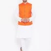 Kurta Sets Vastramay Men's Orange And White Cotton Blend Jacket, Kurta And Pyjama Set