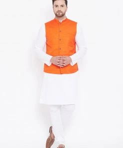 Kurta Sets Vastramay Men's Orange And White Cotton Blend Jacket, Kurta And Pyjama Set