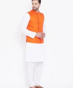Vastramay Orange Nehru Jacket And White Kurta Pyjama Baap Beta Set