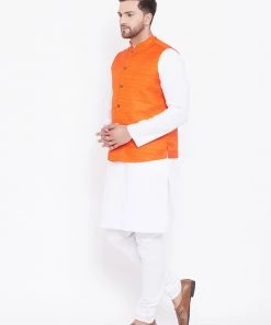 Kurta Sets Vastramay Men's Orange And White Cotton Blend Jacket, Kurta And Pyjama Set