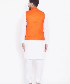 Vastramay Orange Nehru Jacket And White Kurta Pyjama Baap Beta Set