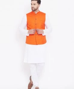 Kurta Sets Vastramay Men's Orange And White Cotton Blend Jacket, Kurta And Pyjama Set