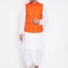 Kurta Sets Vastramay Men's Orange And White Cotton Blend Jacket, Kurta And Dhoti Set