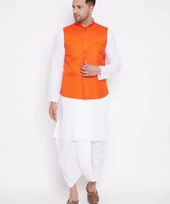 Kurta Sets Vastramay Men's Orange And White Cotton Blend Jacket, Kurta And Dhoti Set