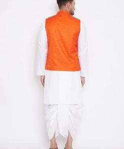 Kurta Sets Vastramay Men's Orange And White Cotton Blend Jacket, Kurta And Dhoti Set