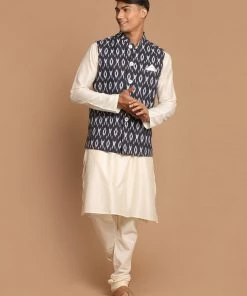 VASTRAMAY Men's Black Nehru Jacket With Cream Kurta And Pyjama Set