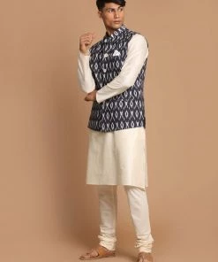 VASTRAMAY Men's Black Nehru Jacket With Cream Kurta And Pyjama Set