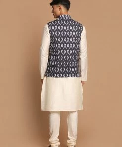 VASTRAMAY Men's Black Nehru Jacket With Cream Kurta And Pyjama Set
