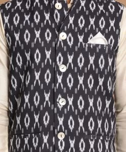 VASTRAMAY Men's Black Nehru Jacket With Cream Kurta And Pyjama Set