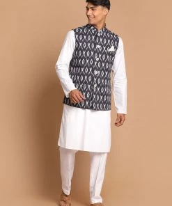 VASTRAMAY Men's Black And White Printed Nehru Jacket With White Kurta Pyjama Jacket Kurta Sets