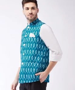 VASTRAMAY Men's Turquoise Cotton Nehru Jacket