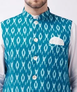 VASTRAMAY Men's Turquoise Cotton Nehru Jacket